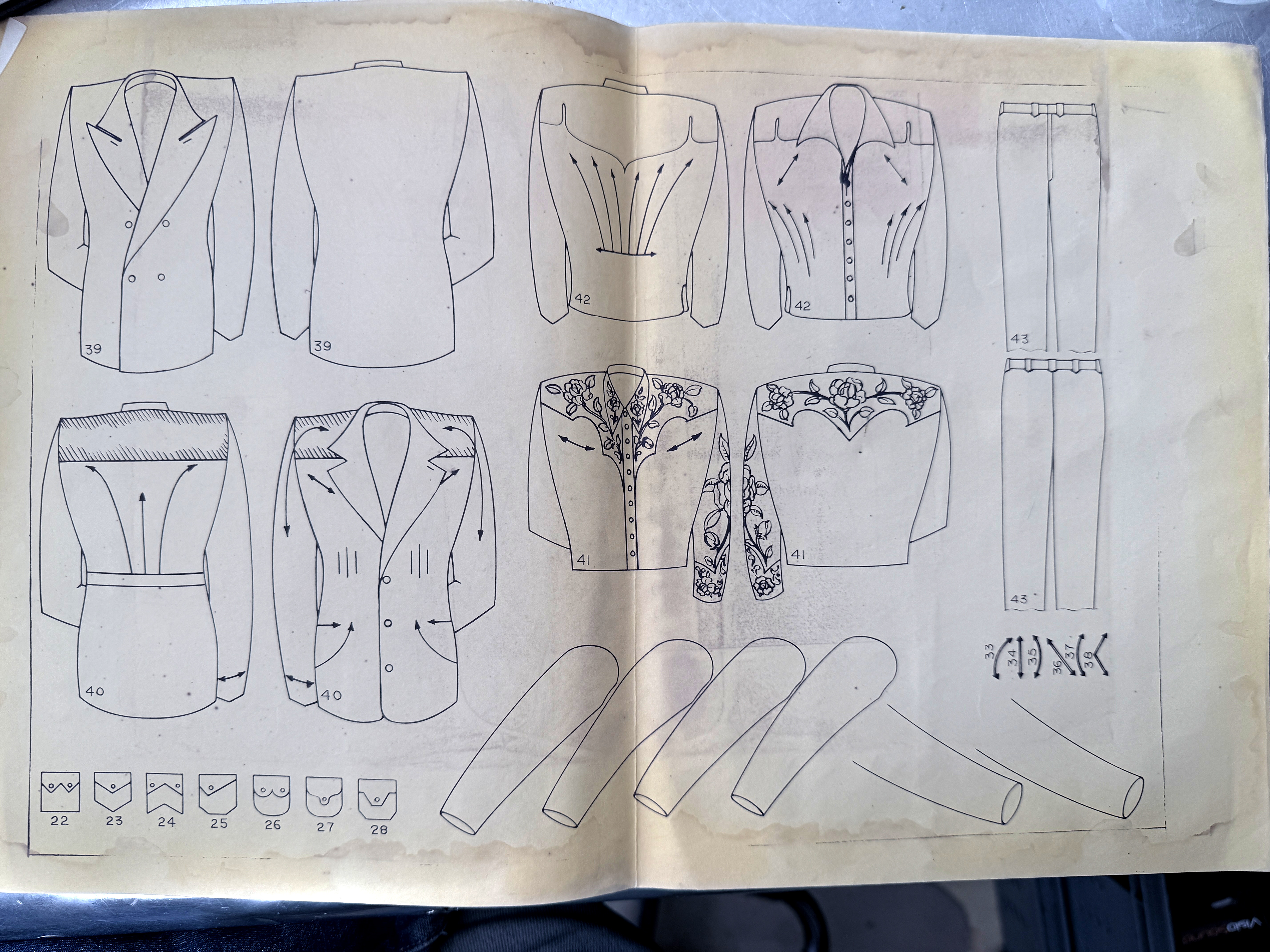 Tailored jackets and floral shirts - a complete drawing spread from Catalogue Two