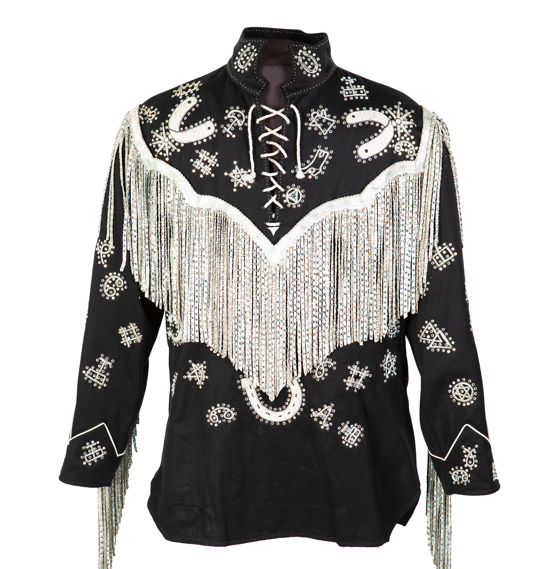 Marty Stuart’s Jaime Custom Tailoring “chandelier shirt,” with the detachable metallic fringe, rhinestones and motifs described by the Country Music Hall of Fame and Museum.