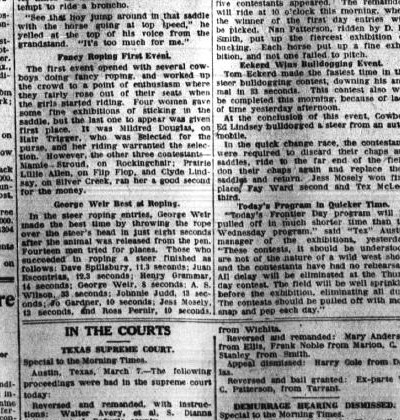 Steer-roping results in the El Paso Morning Times, 8 March 1917: George Weir first, Fay Ward second and Tex McLeod third.
