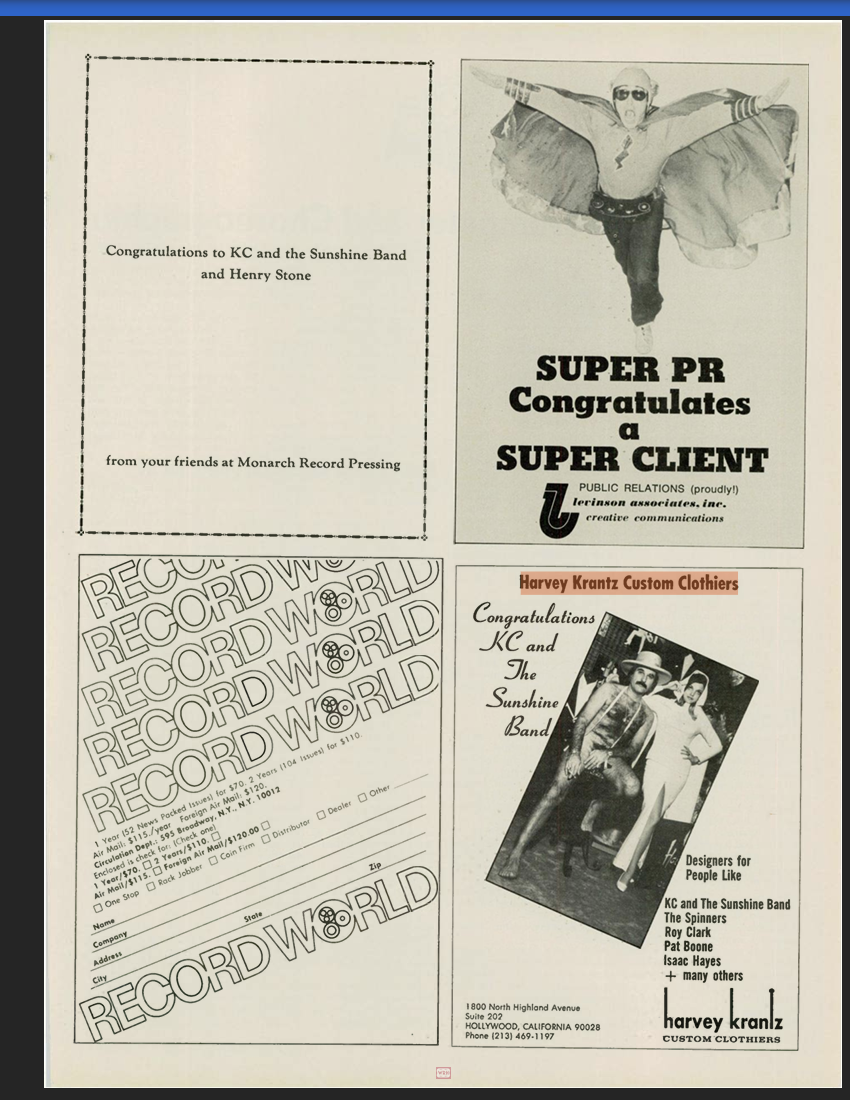 Browser-rendered capture of printed page 79 of Record World, 10 December 1977, carrying the Harvey Krantz Custom Clothiers advertisement.