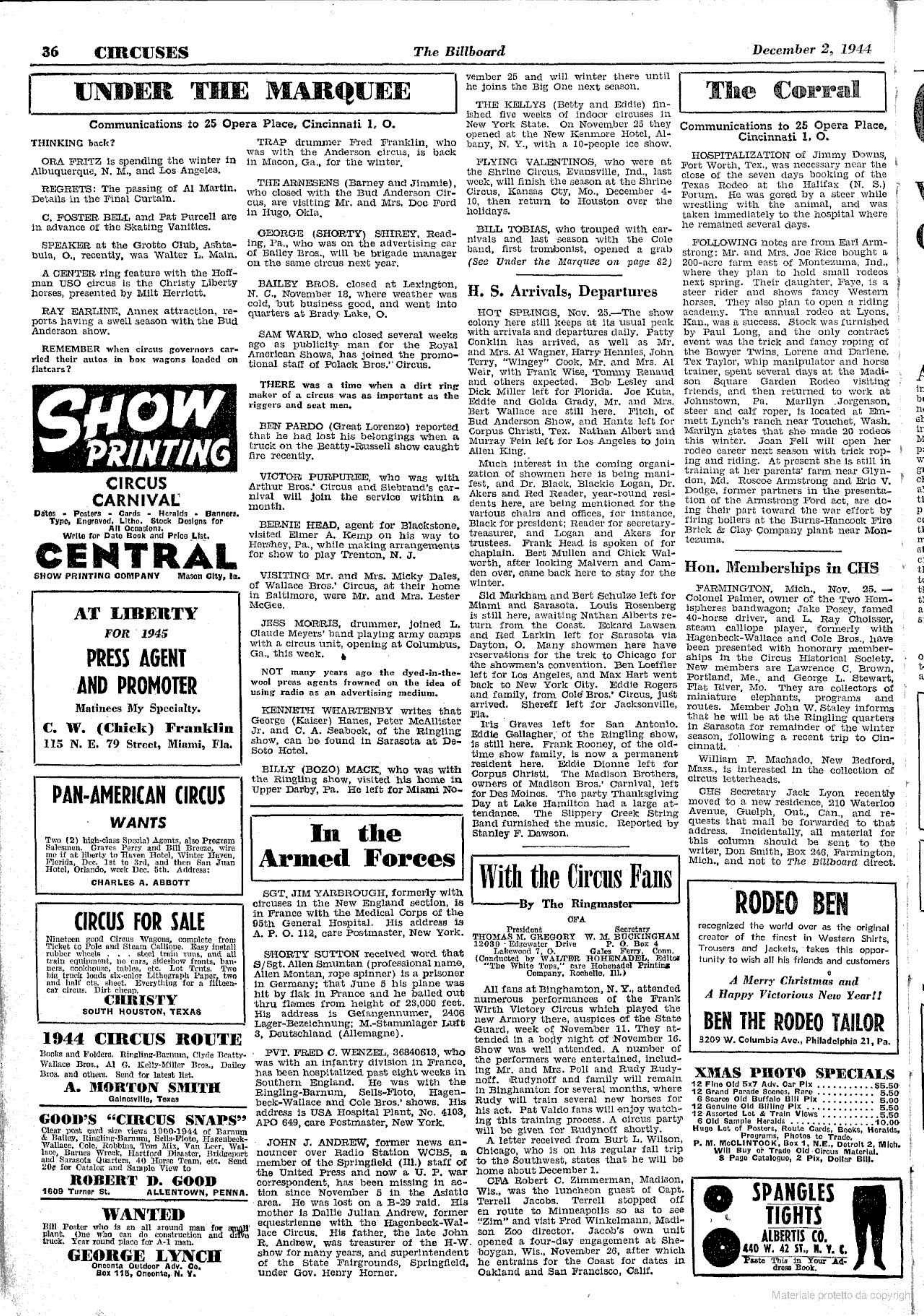 Full Billboard page, 2 December 1944, including Rodeo Ben’s Christmas display advertisement.