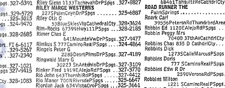 1966 Palm Springs telephone directory white-page listing for Riley Marge Westerns, 227 South Palm Canyon Drive.