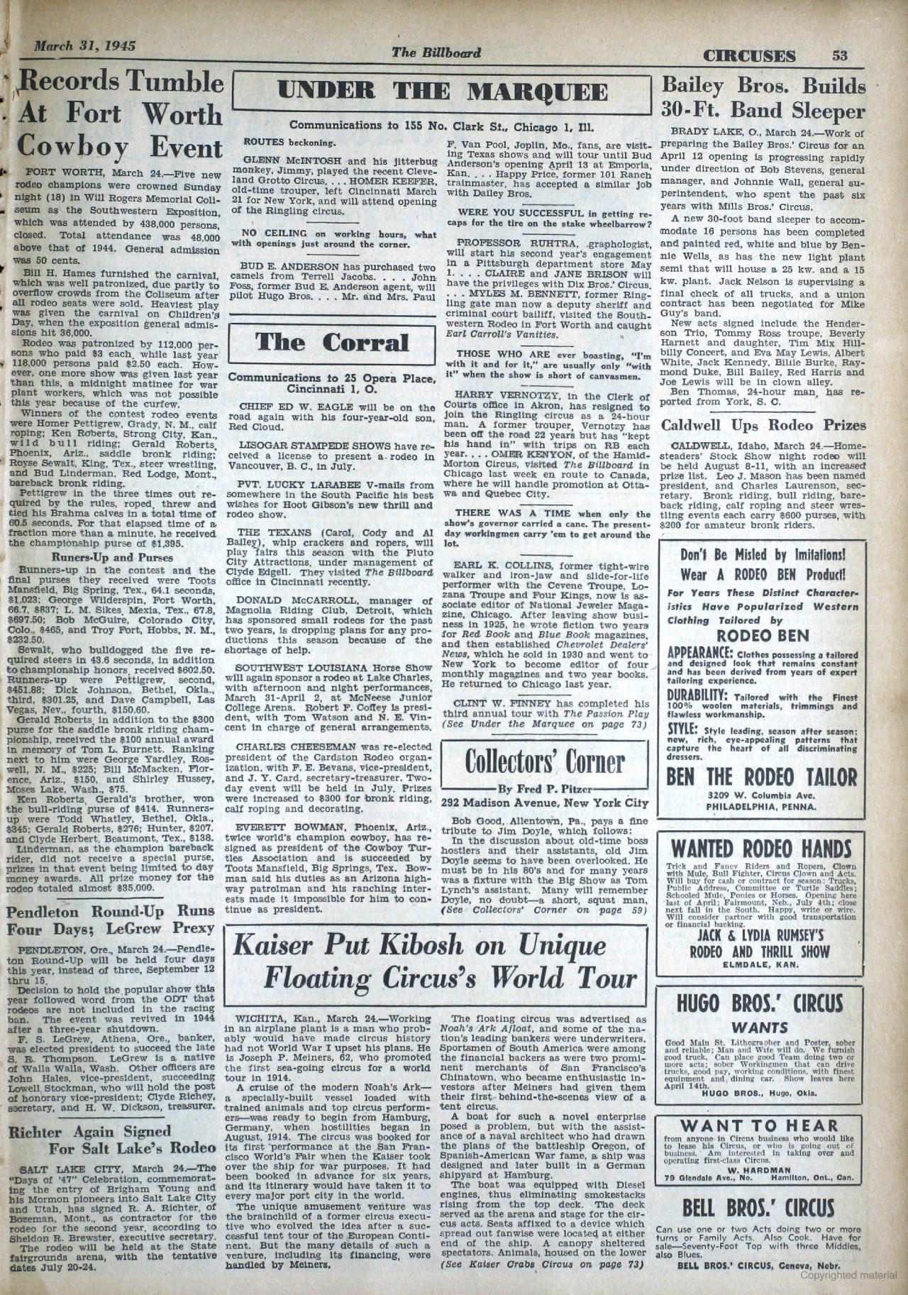 Billboard, 31 March 1945, printed p. 53, including Rodeo Ben’s display advertisement.