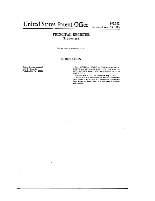 Rodeo Ben trademark registration certificate, 1973