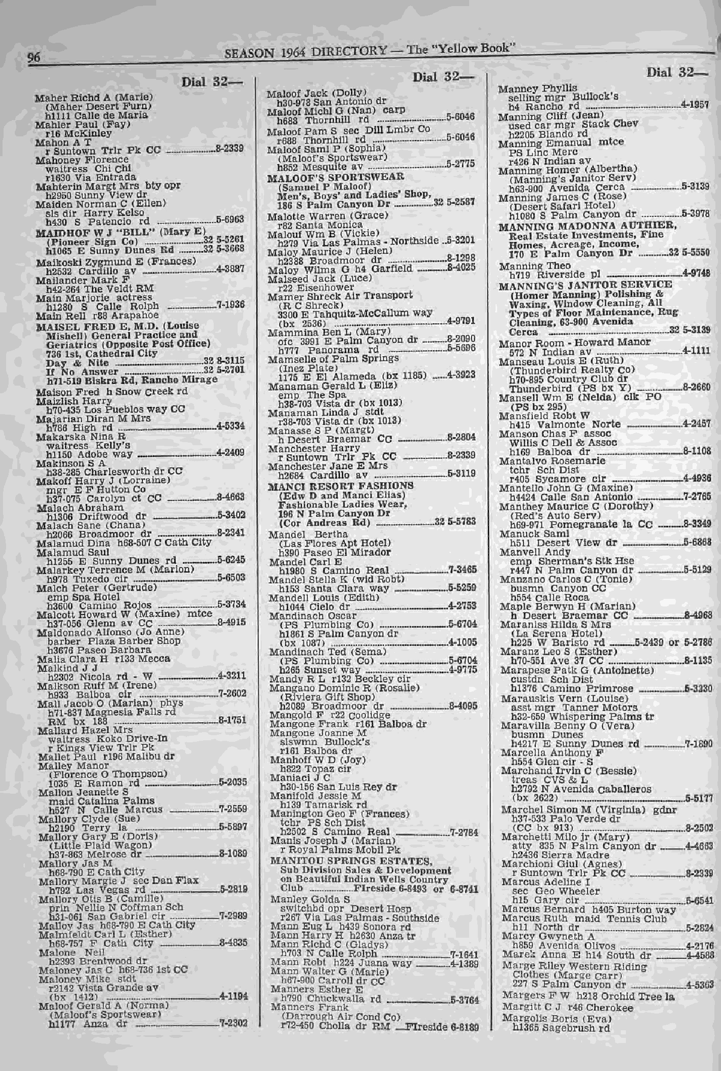 1964 Palm Springs directory listing for Marge Riley Western Riding Clothes at 227 South Palm Canyon Drive.