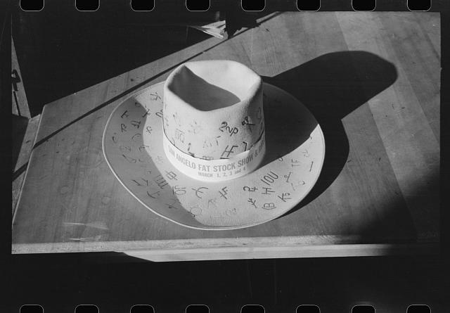 Hat with cattle brands, San Angelo, 1940