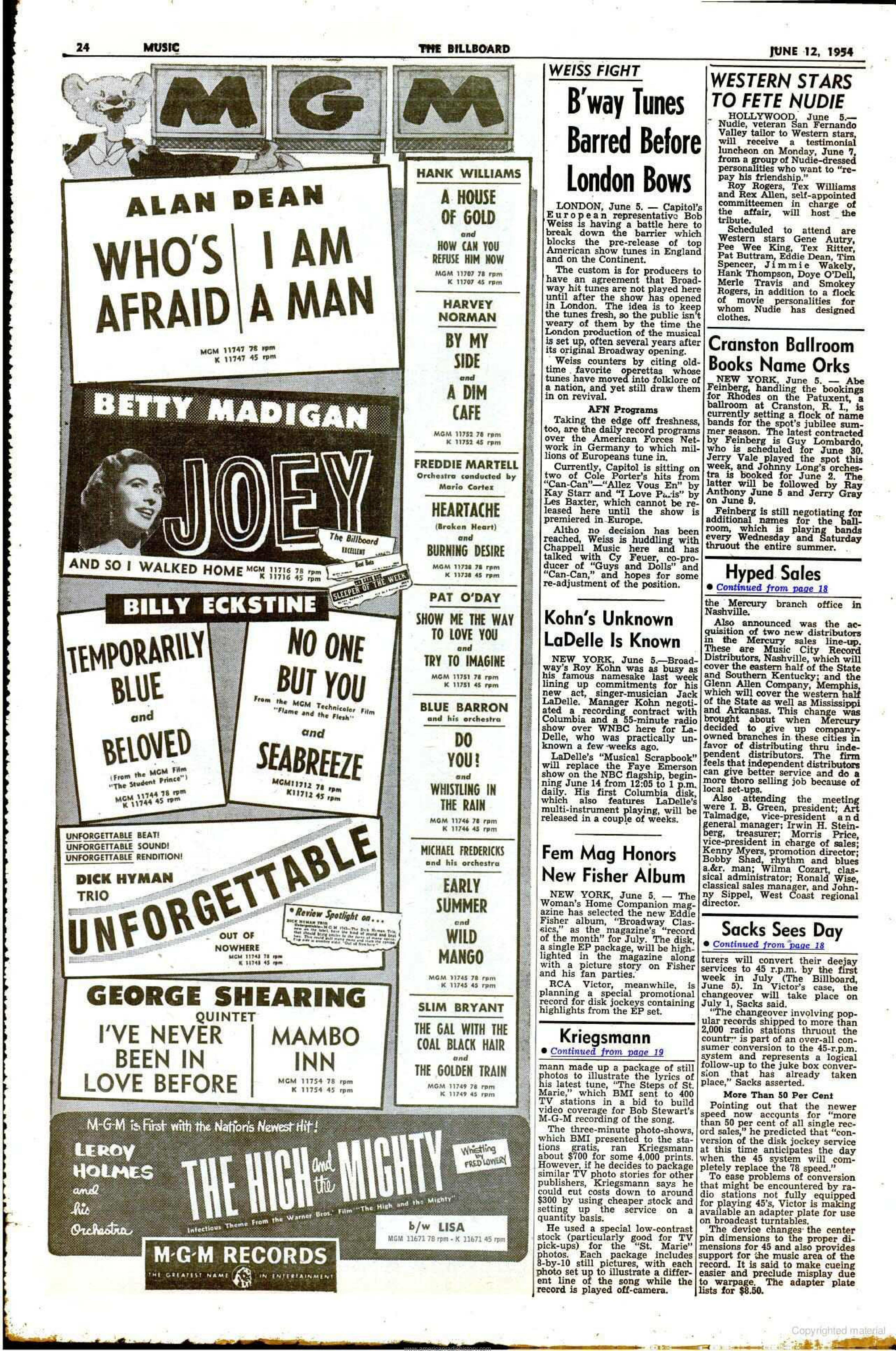 Full printed page 24 of Billboard, 12 June 1954, carrying the “Western Stars to Fete Nudie” notice.