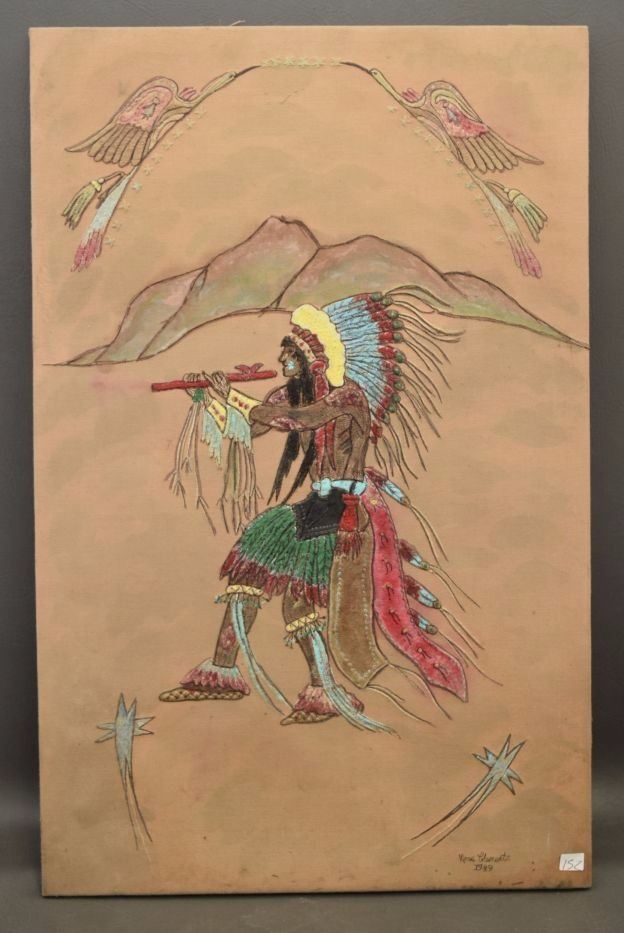 Auction-presented framed needlepoint; its lower margin visibly reads “Rose Clements / 1989.”