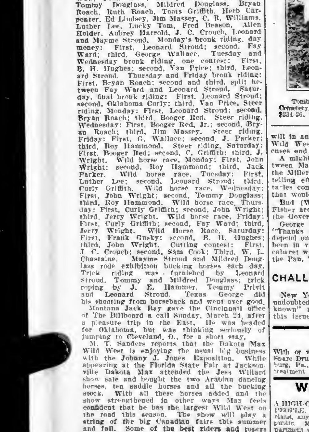 Fort Worth Rodeo bronc-riding results in Billboard, 6 April 1918, naming Fay E. Ward.