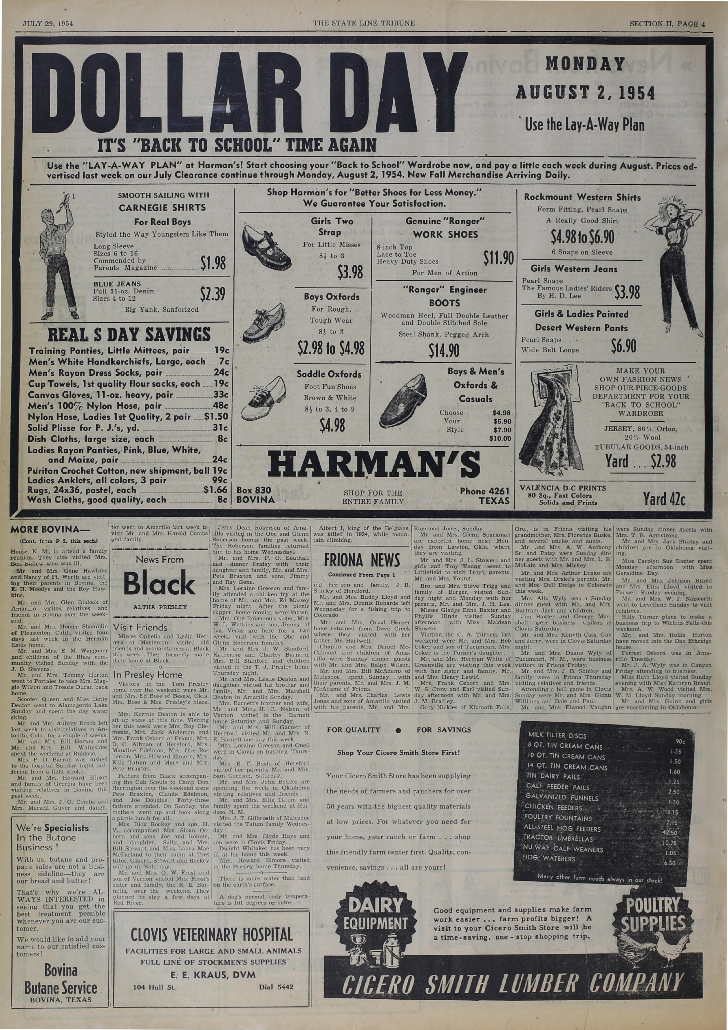 State Line Tribune Harman’s Dollar Day page · 1954