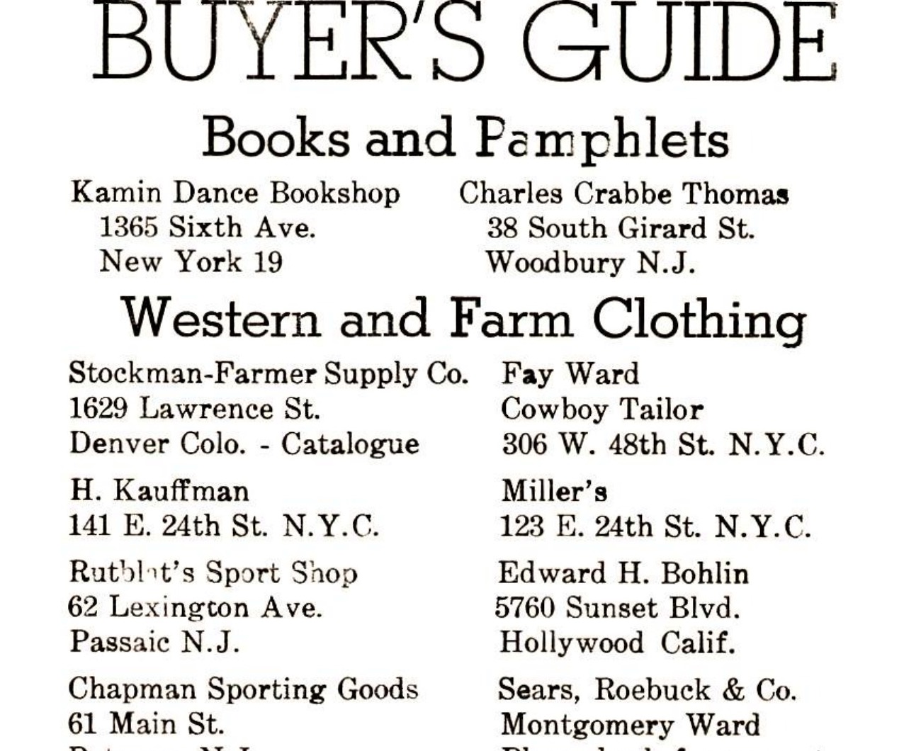 Rosin the Bow buyer’s guide, January 1946: Fay Ward, Cowboy Tailor, 306 West 48th Street, N.Y.C., in the Western and Farm Clothing listings.
