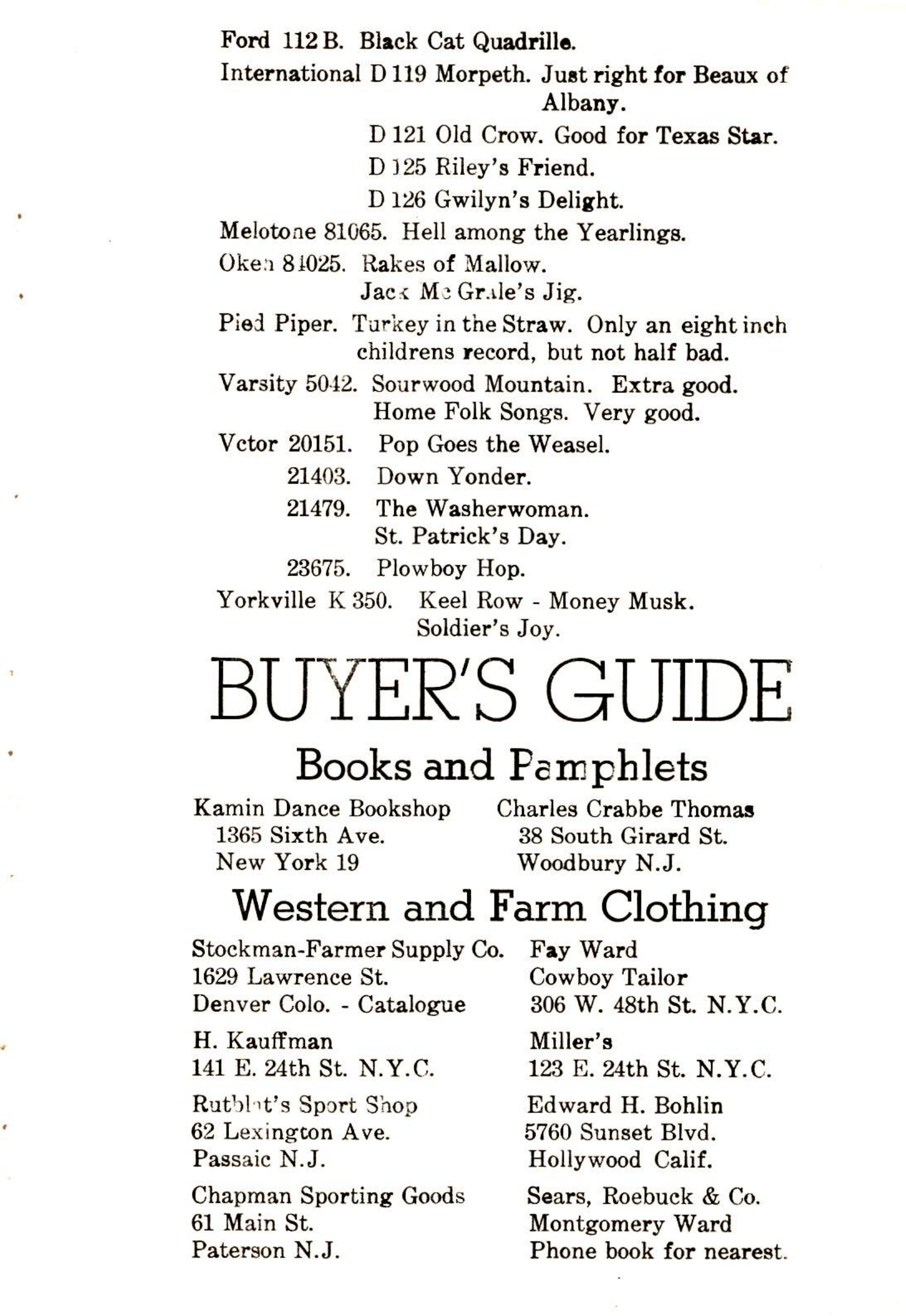 Full Rosin the Bow buyer’s-guide page, January 1946, including Fay Ward’s Western and Farm Clothing listing.
