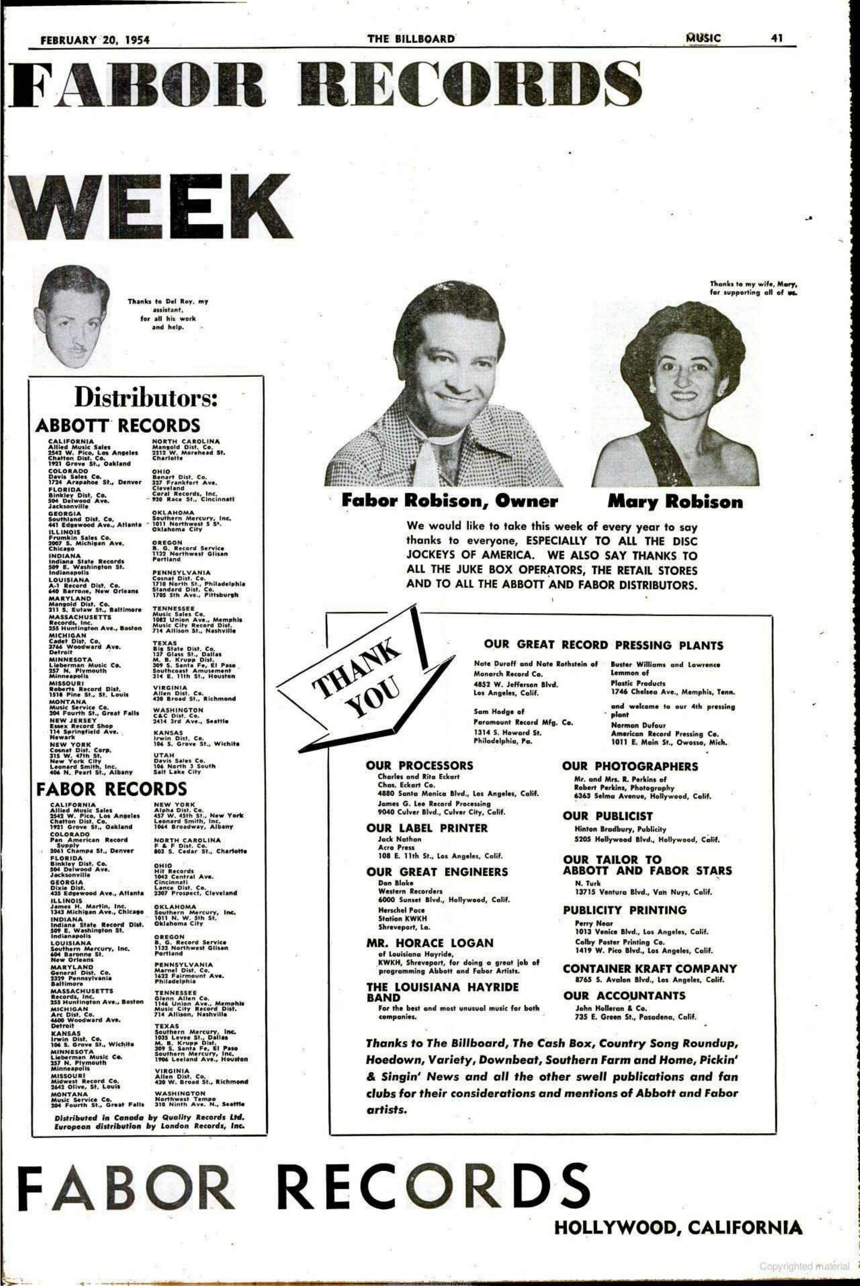 Abbott and Fabor’s full Billboard thank-you page, 20 February 1954, naming N. Turk as tailor to the labels’ stars.