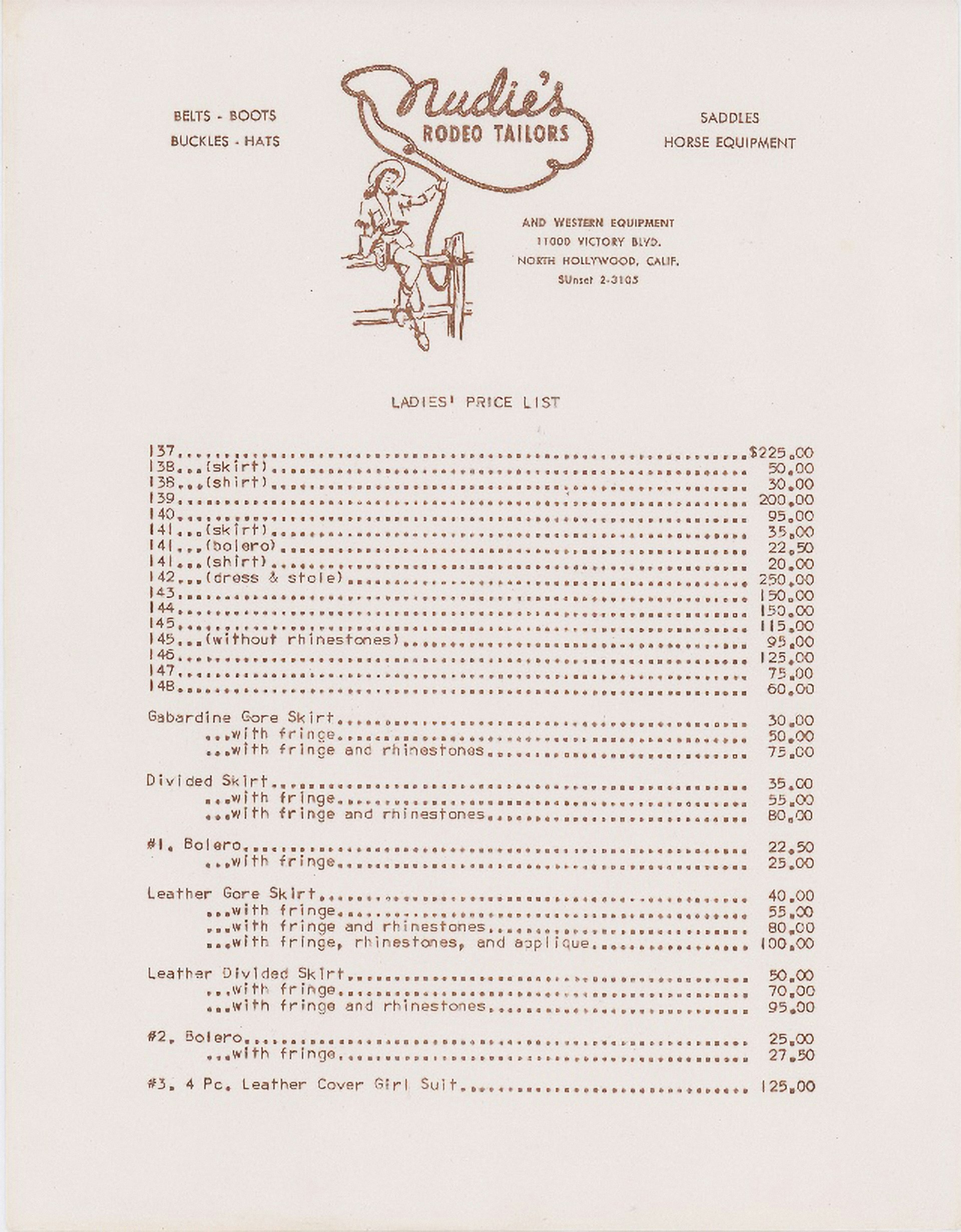 Nudie’s Rodeo Tailors price list