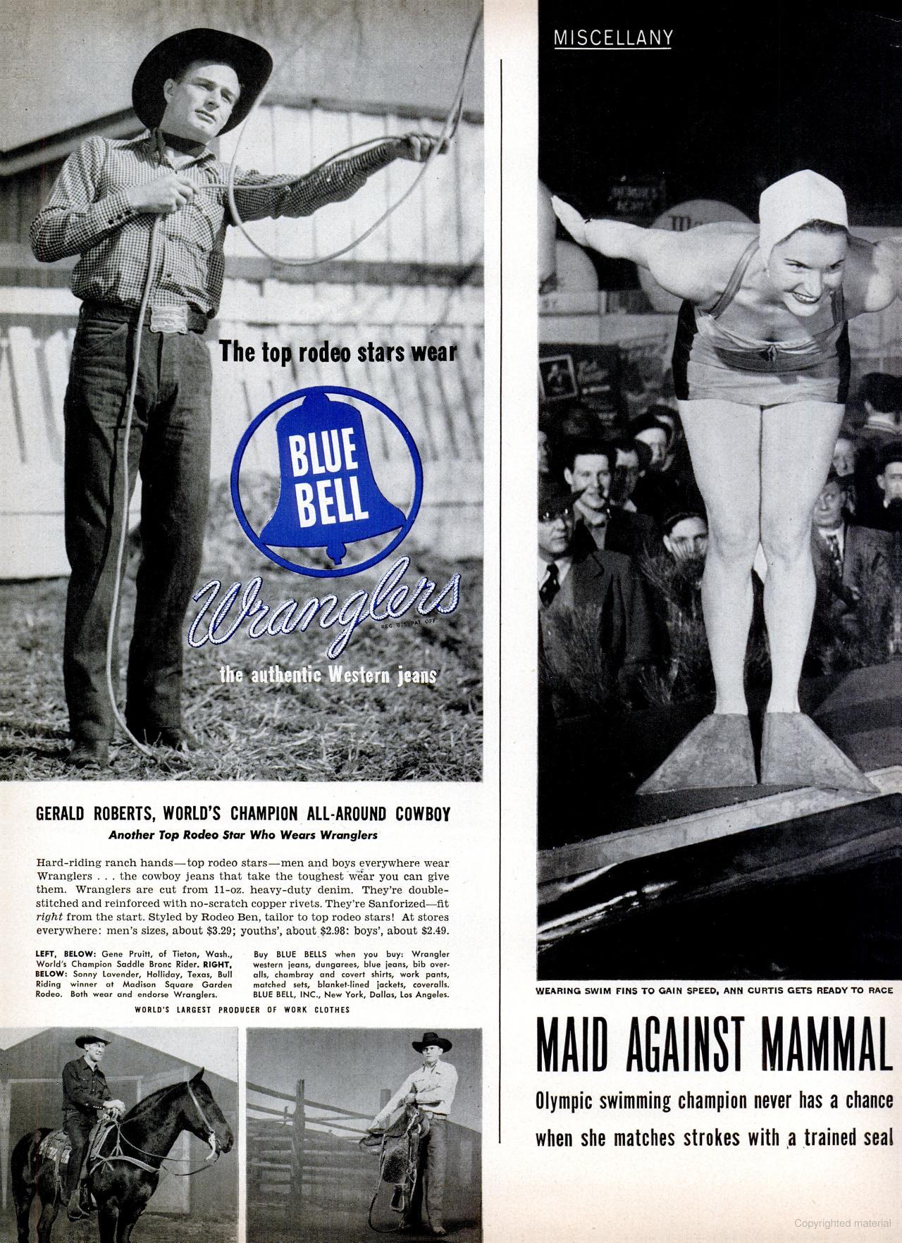 Blue Bell Wrangler advertisement, Life, 28 March 1949: Gerald Roberts and the printed credit Styled by Rodeo Ben.