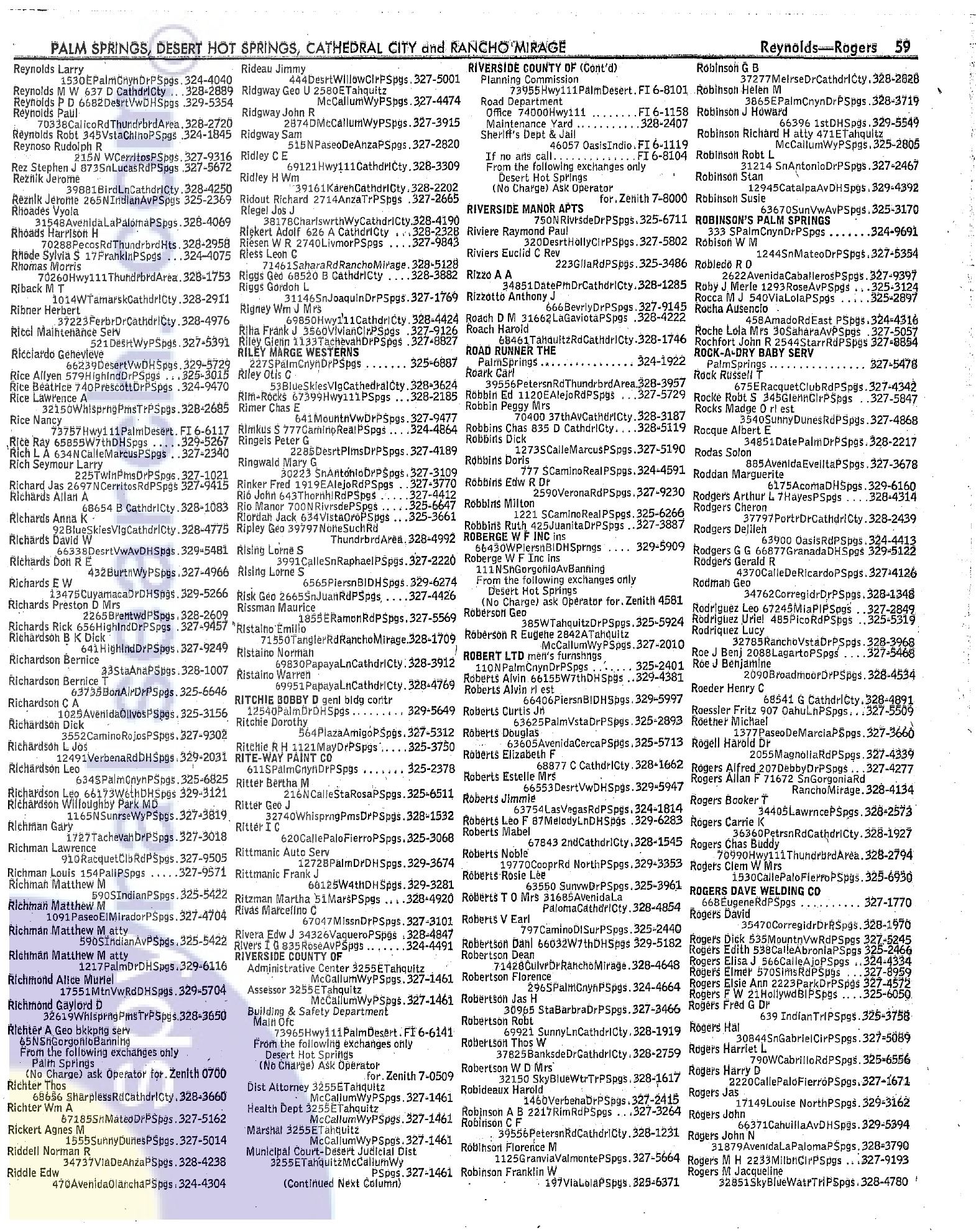 Full 1966 Palm Springs telephone directory white page containing the Riley Marge Westerns entry.
