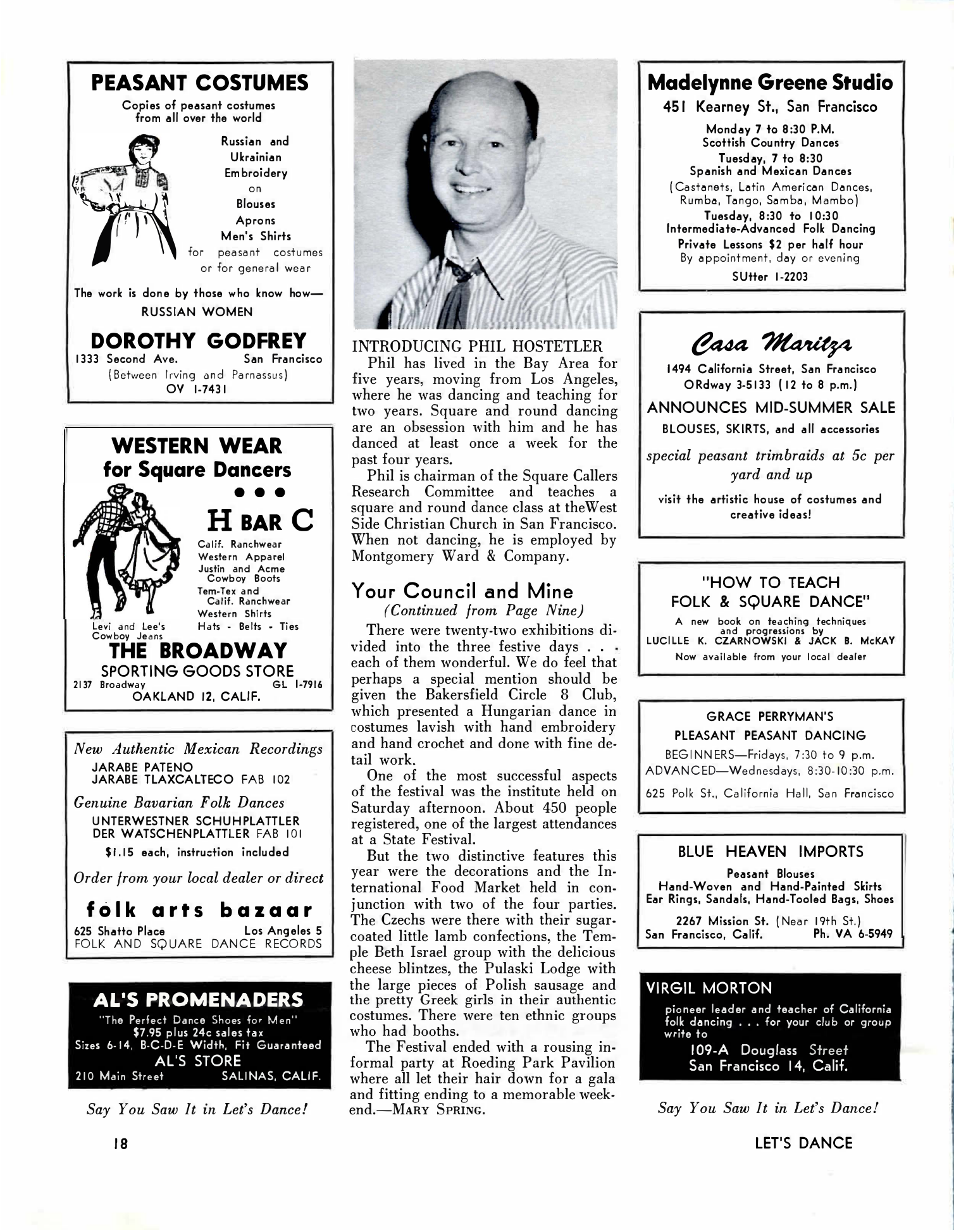 The complete page of Let’s Dance!, September 1953, printed p. 18, placing the Broadway Sporting Goods Store advertisement in its original page context.