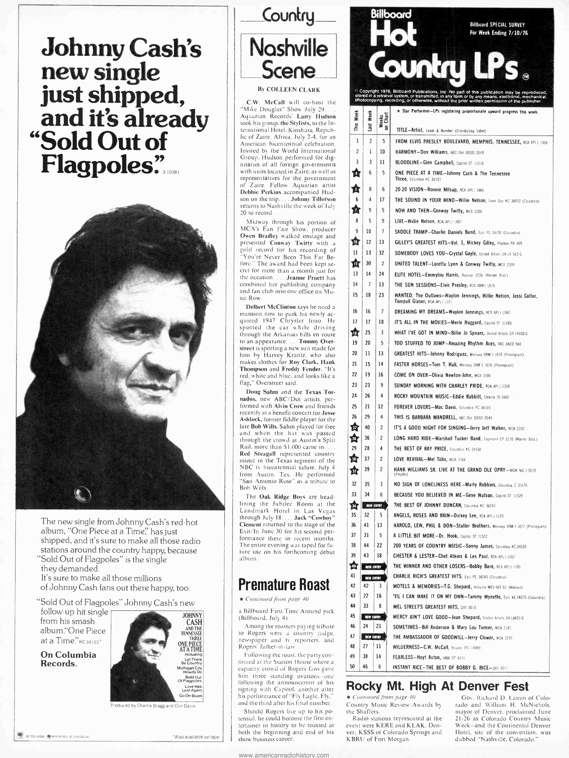 Full printed page 44 of Billboard, 10 July 1976, with Colleen Clark’s “Nashville Scene” column.