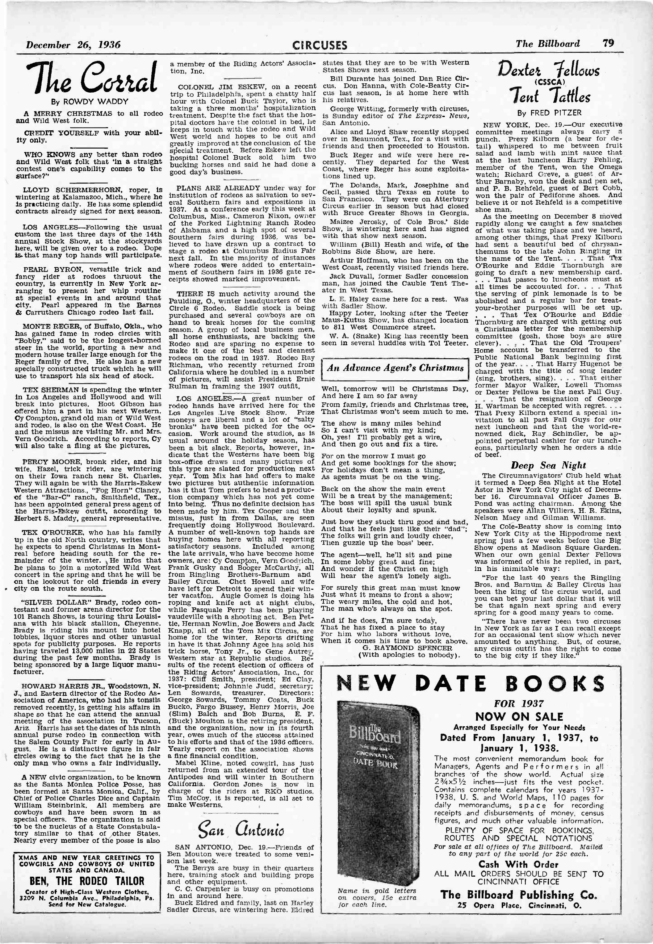 Full Billboard The Corral page, 26 December 1936, including Rodeo Ben’s early catalogue advertisement.