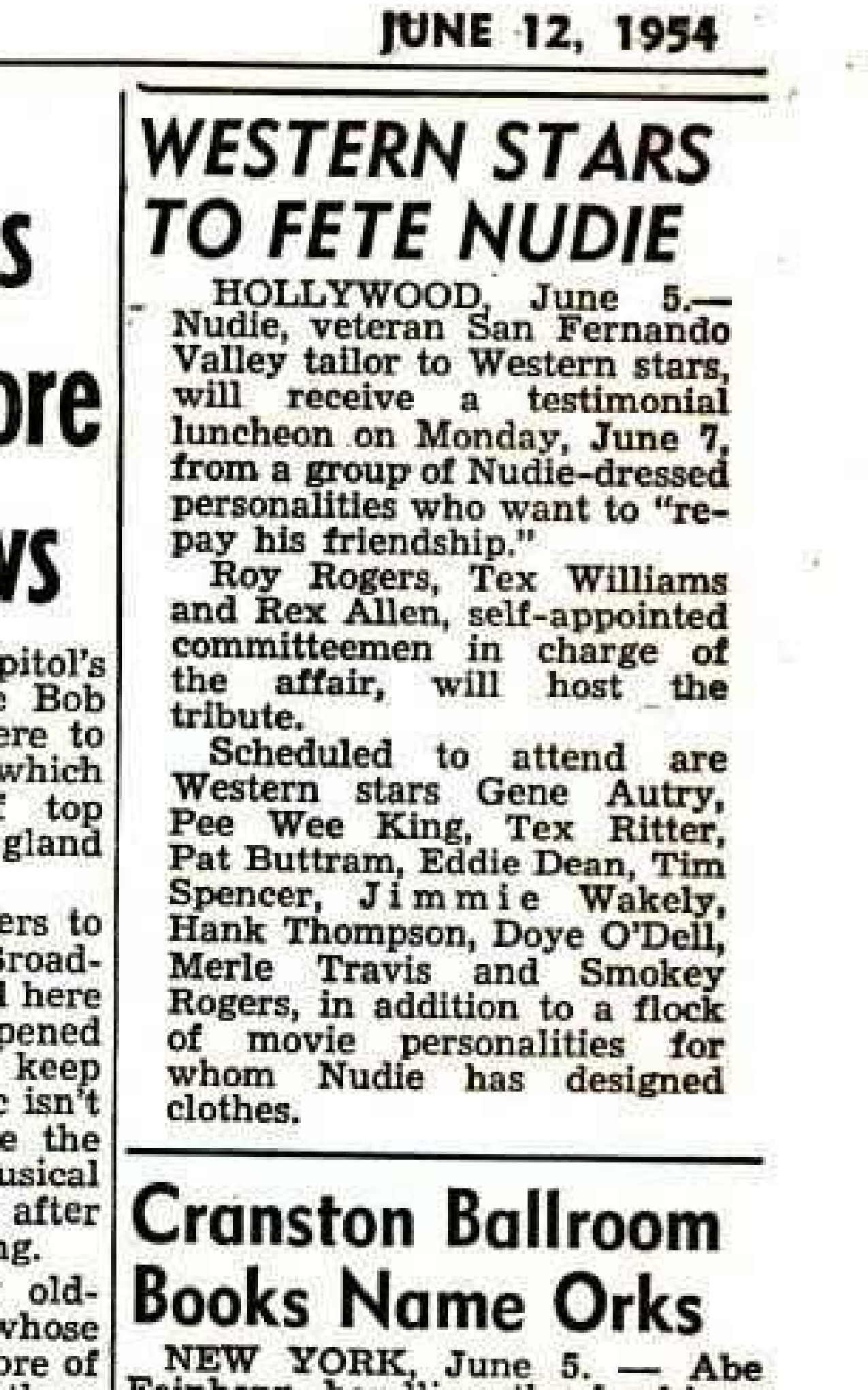 “Western Stars to Fete Nudie,” Billboard, 12 June 1954, printed page 24.