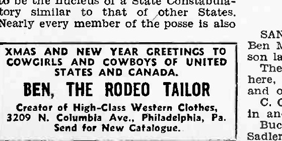 Rodeo Ben’s earliest directly inspected catalogue advertisement, Billboard, 26 December 1936: a greeting to cowgirls and cowboys, the North Columbia Avenue address, and an invitation to request the new catalogue.