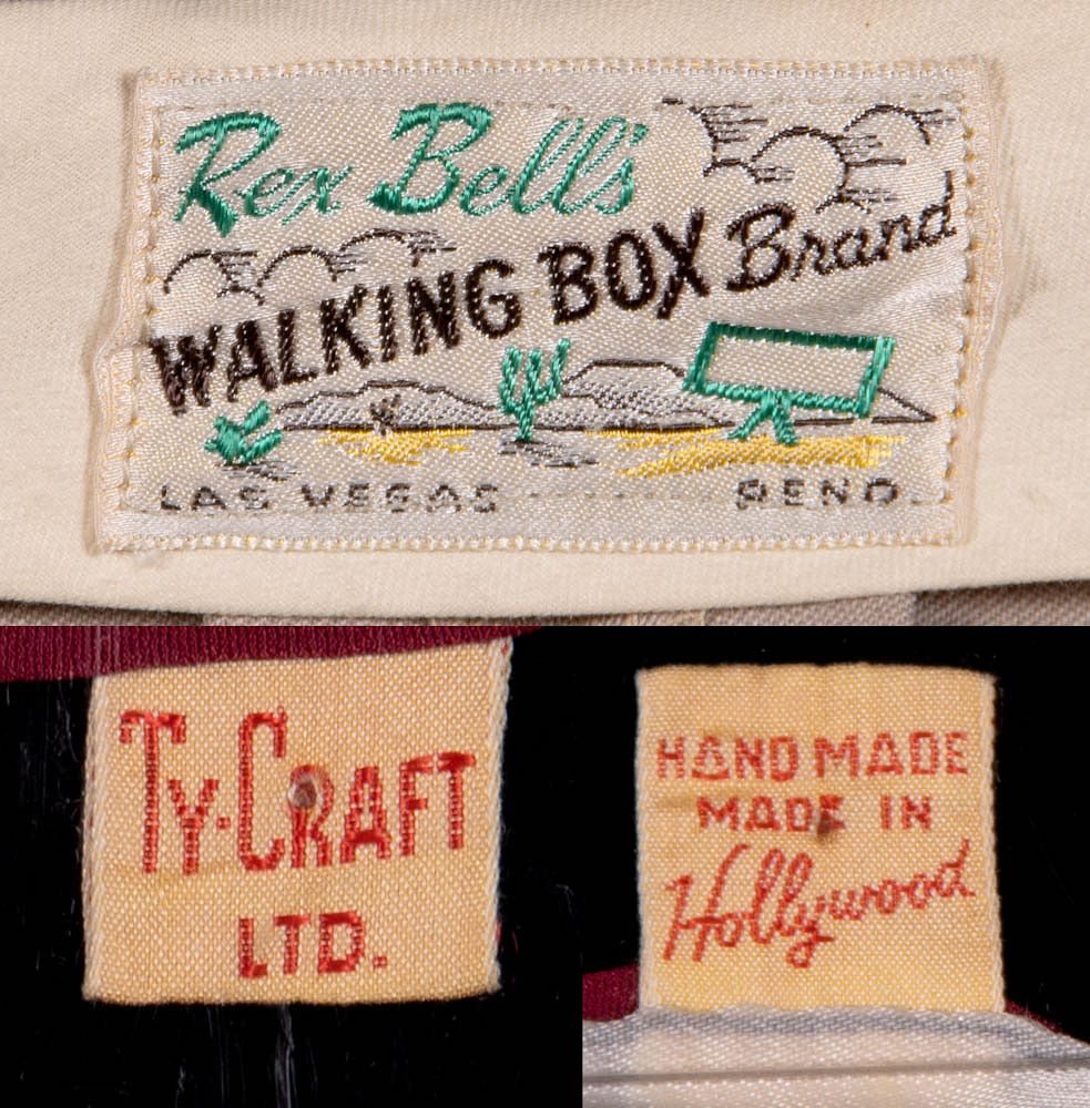 A seller composite visibly shows labels reading ‘Rex Bell’s WALKING BOX Brand / Las Vegas / Reno’, ‘T-CRAFT LTD.’ and ‘HANDMADE / MADE IN / Hollywood’. The image does not establish which photographed outfit component bears each label.