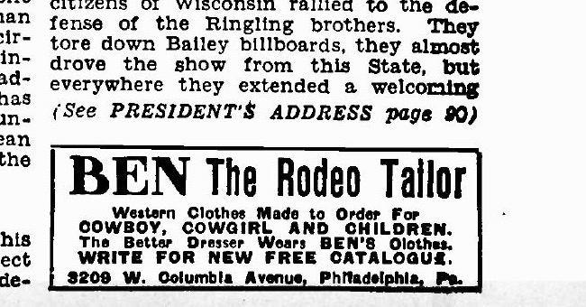 Rodeo Ben’s August 1938 advertisement: made-to-order clothes for cowboy, cowgirl and children, a free catalogue offer, and the West Columbia Avenue address.
