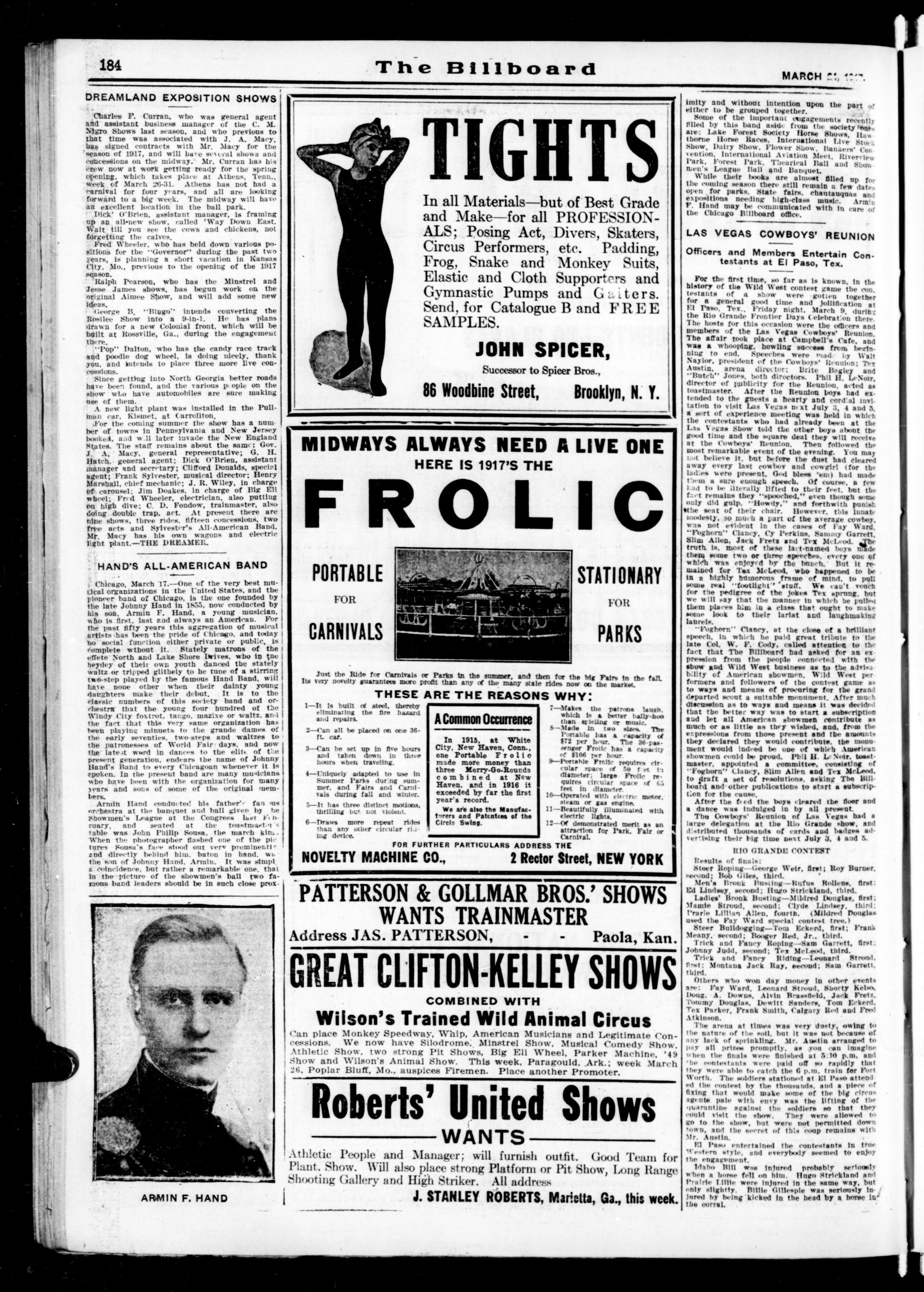 The 24 March 1917 Billboard page reporting the El Paso reunion and contest results.