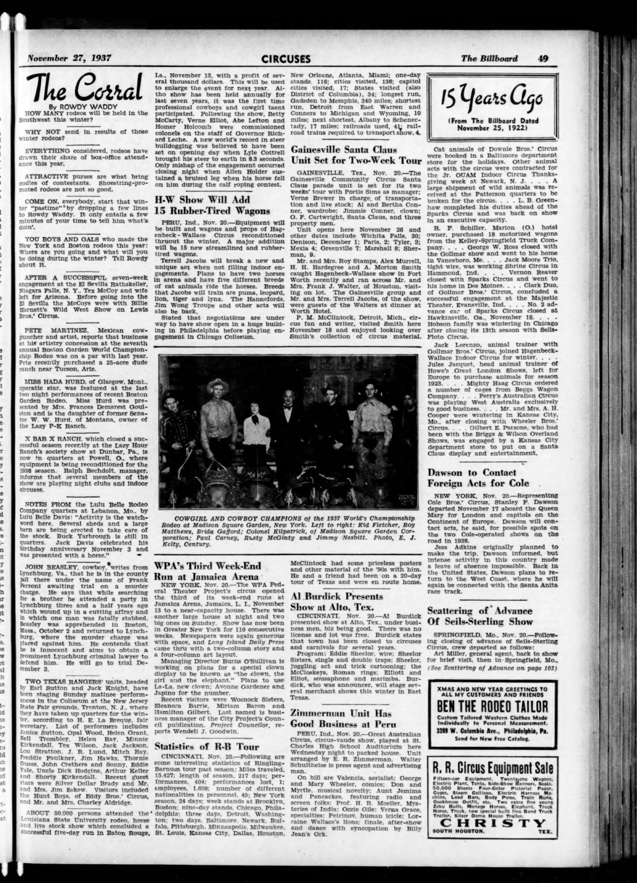 Full Billboard The Corral page, 27 November 1937, including Rodeo Ben’s personal-measurement catalogue advertisement.