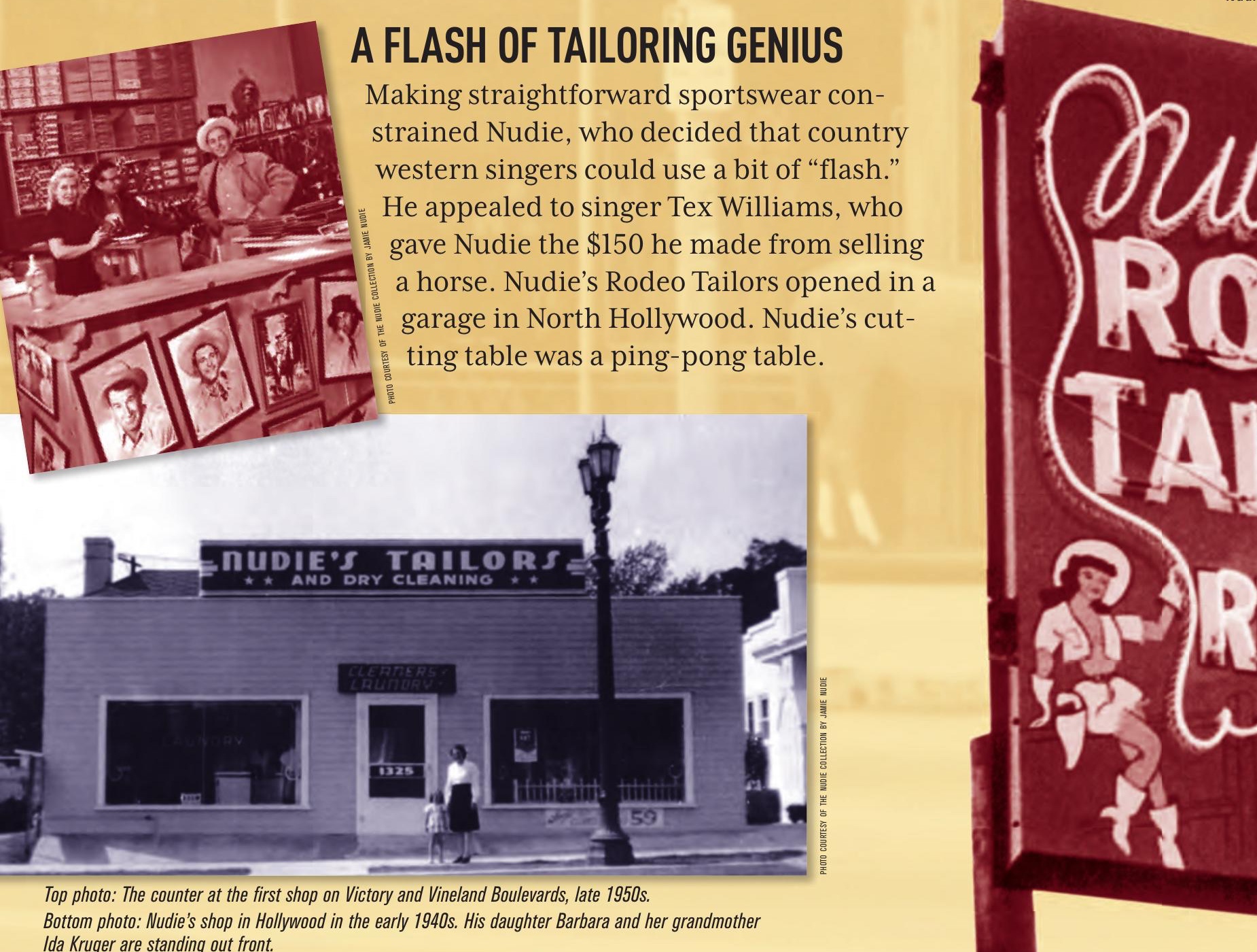 Paired shop photographs reproduced by Angels Walk LA: its caption identifies the upper view as the first Victory and Vineland shop’s counter in the late 1950s, and the lower view as the early-1940s Hollywood shop.