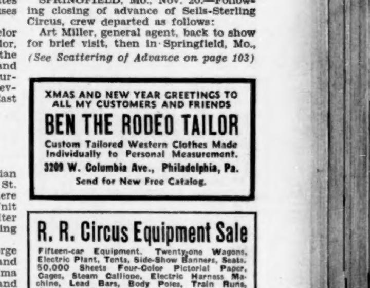 Rodeo Ben’s November 1937 advertisement: a Christmas greeting, individual personal measurement, West Columbia Avenue and a free catalogue offer.