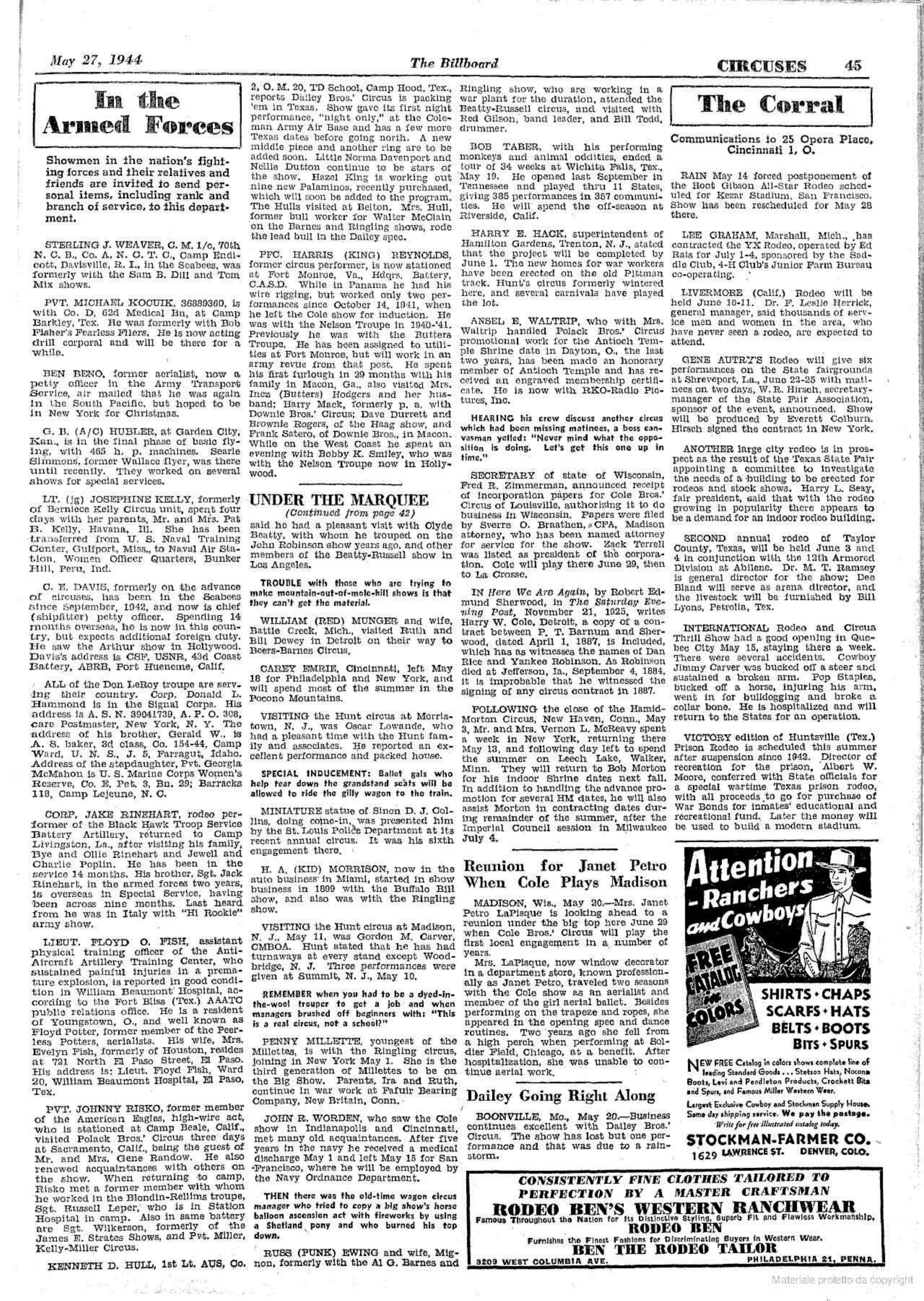 Full Billboard page, 27 May 1944, including Rodeo Ben’s Western Ranchwear display advertisement.
