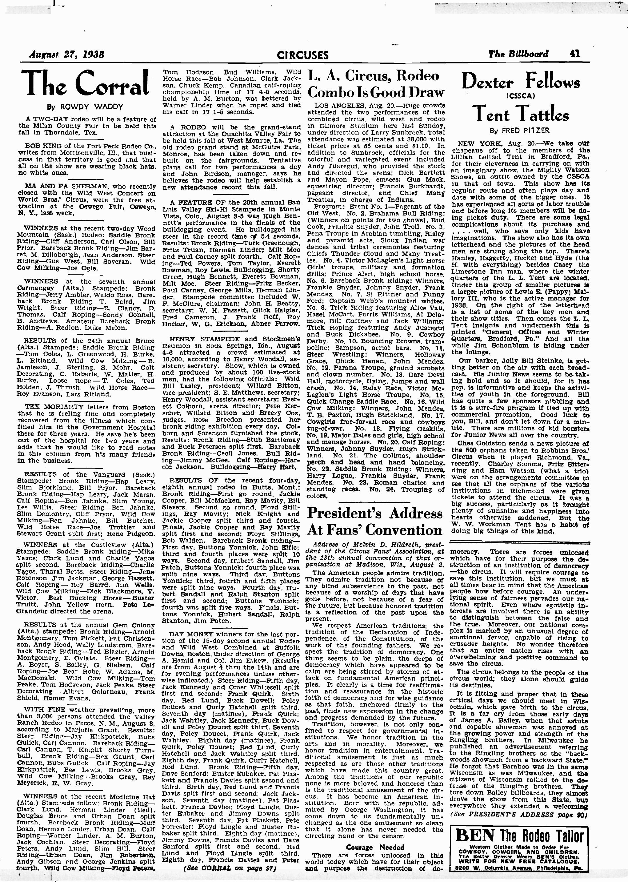 Full Billboard The Corral page, 27 August 1938, including Rodeo Ben’s catalogue advertisement.