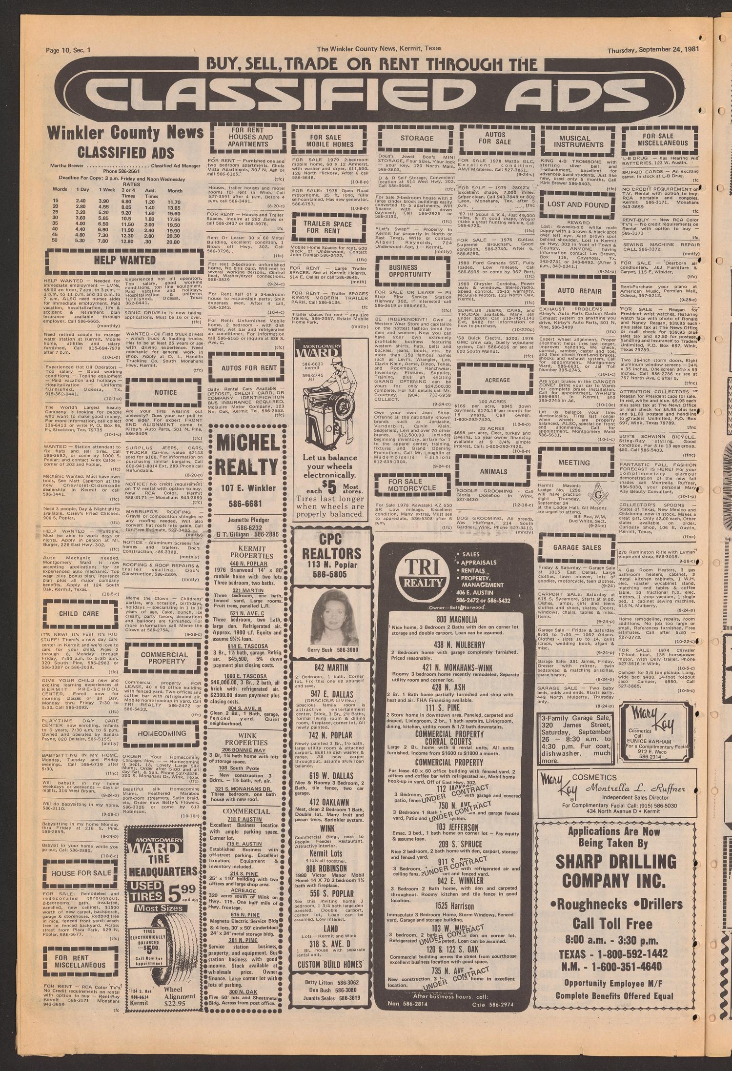 Winkler County News classified page with Rockmount name-list · 1981