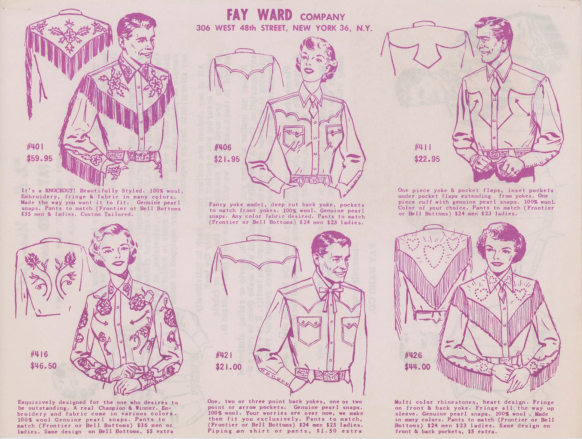 Fay Ward Company catalogue page shown in the Country Music Hall of Fame exhibition: six illustrated shirt designs, with printed prices.