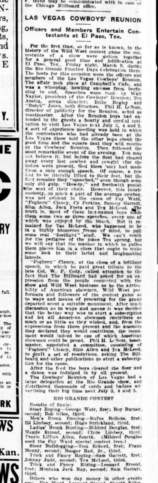 The Las Vegas Cowboys Reunion and Rio Grande Contest column from Billboard, 24 March 1917, including Fay Ward's named participation and the printed Fay Ward Special contest-tree reference.