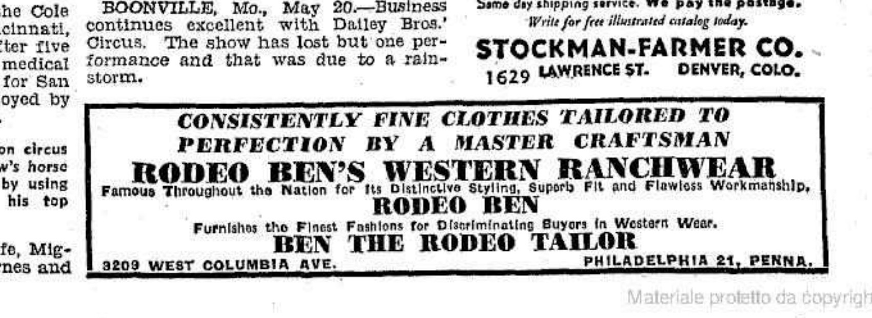 Rodeo Ben’s Western Ranchwear advertisement, Billboard, 27 May 1944: the trade name, Ben the Rodeo Tailor, and the West Columbia Avenue address.