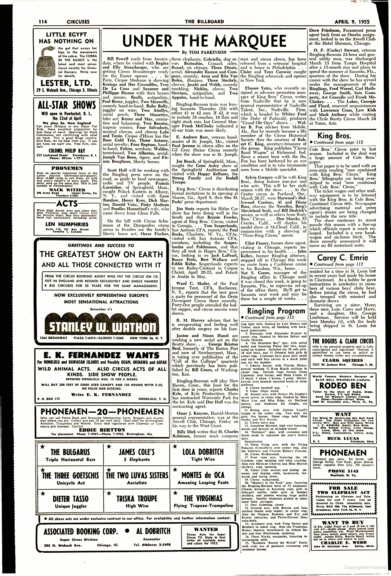 Rodeo Ben advertisement, Billboard, 9 April 1955, carrying a Blue Bell Wrangler product-design self-description and catalogue invitation.