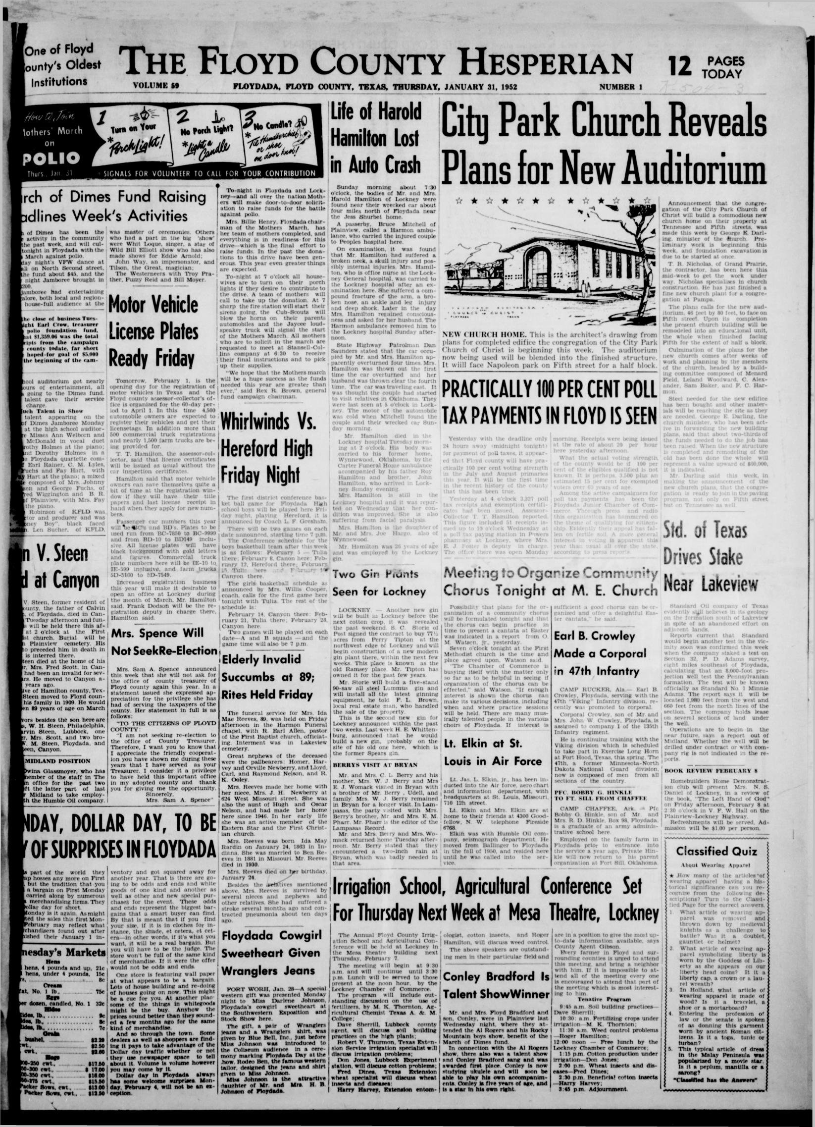 Front page of the Floyd County Hesperian, 31 January 1952, including the Blue Bell Wrangler presentation report that attributes the garments’ design to Rodeo Ben.