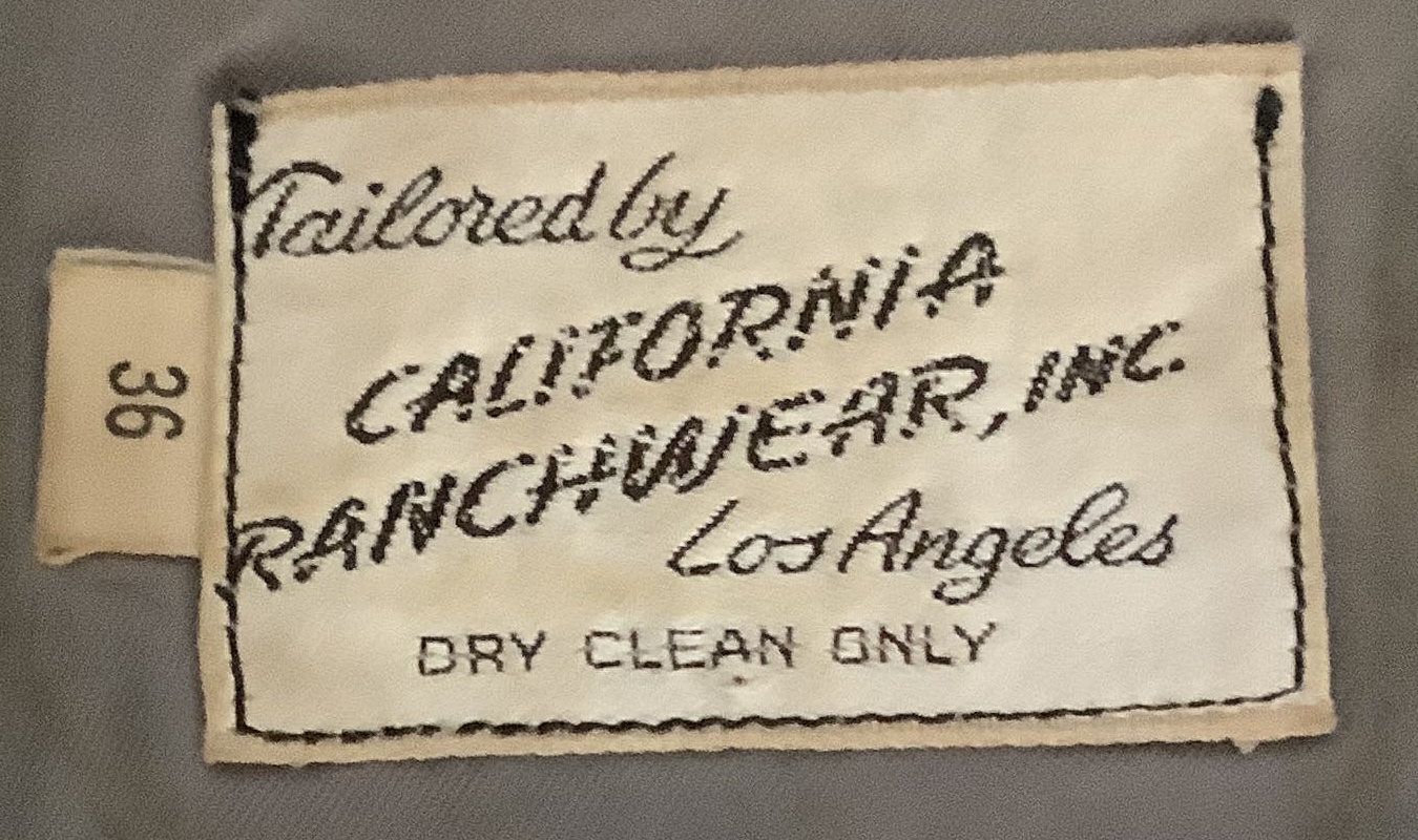 Seller photograph of a sewn California Ranchwear label and size 36 tab.